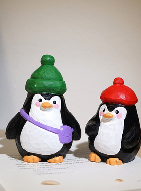 “郊游小企鹅”手工木雕小摆件解压治愈系可爱动物工位桌面装饰品