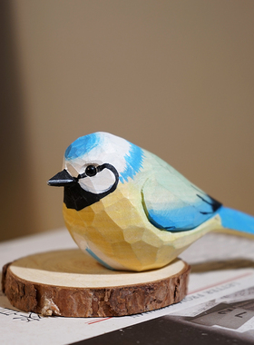 蓝知更鸟手工木雕小鸟摆件