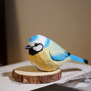 蓝知更鸟手工木雕小鸟摆件卡通可爱动物书柜桌台面实木雕刻装饰品