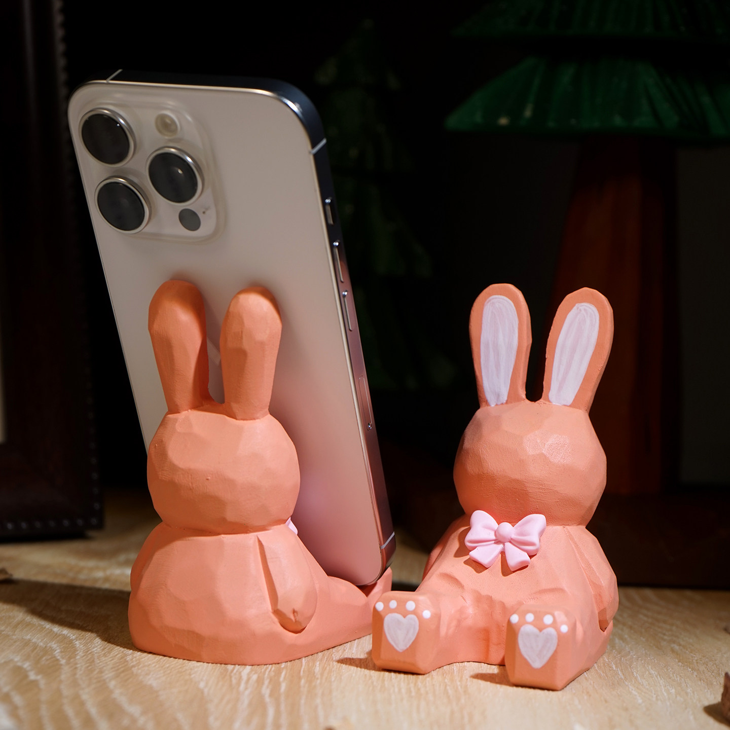 抽象小兔子手工木雕手机架桌面懒人支架可爱创意实用桌上装饰摆件