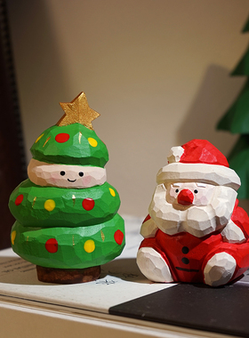 圣诞树娃娃老人手工木雕小摆件