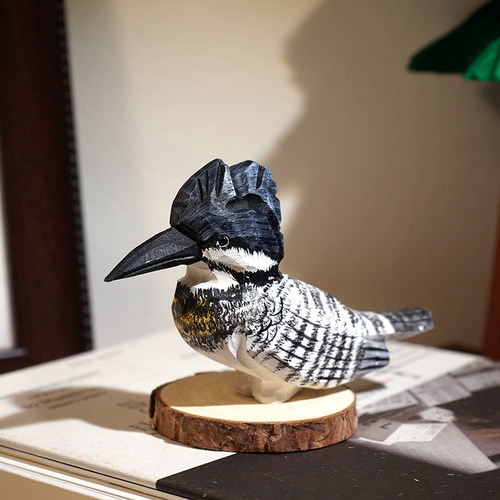 冠鱼狗手工木雕小鸟摆件