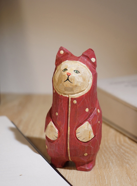 红衣复古猫手工木雕小摆件