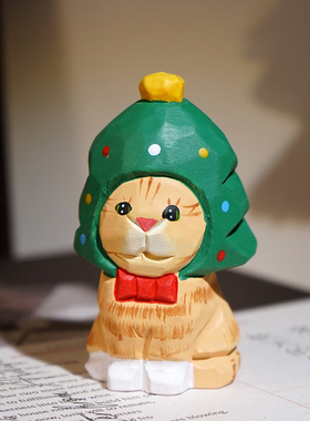 cosplay松树猫咪手工木雕小摆件