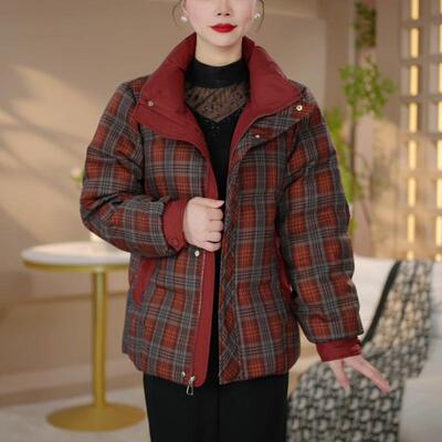 格子白鸭绒羽绒服女冬