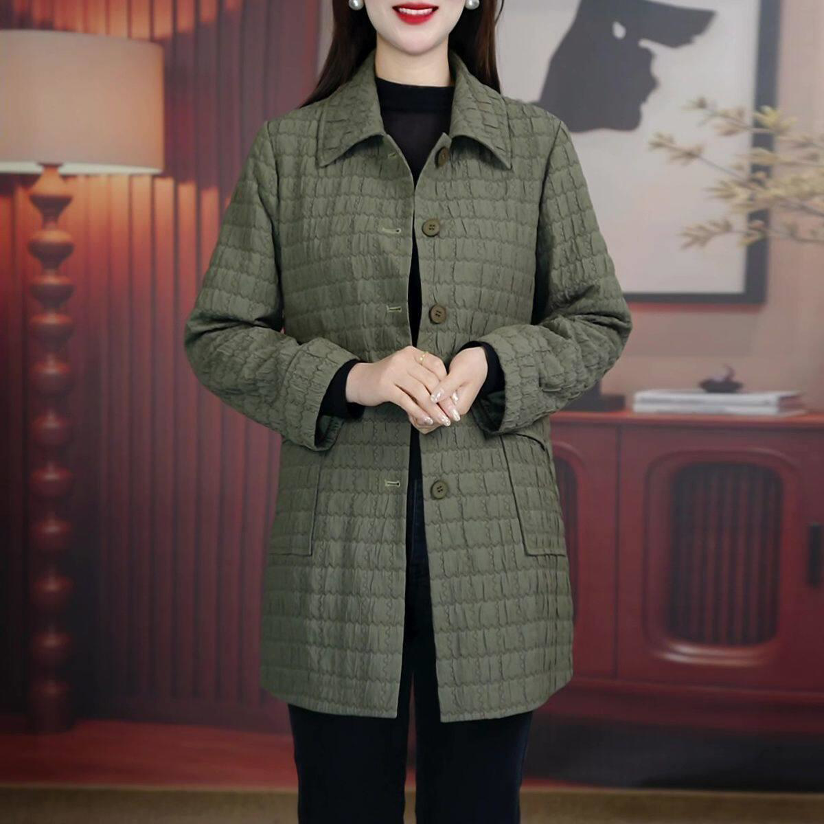 大码女装高档提花橄榄绿风衣外套遮肉宽松显瘦休闲外穿2026春季新