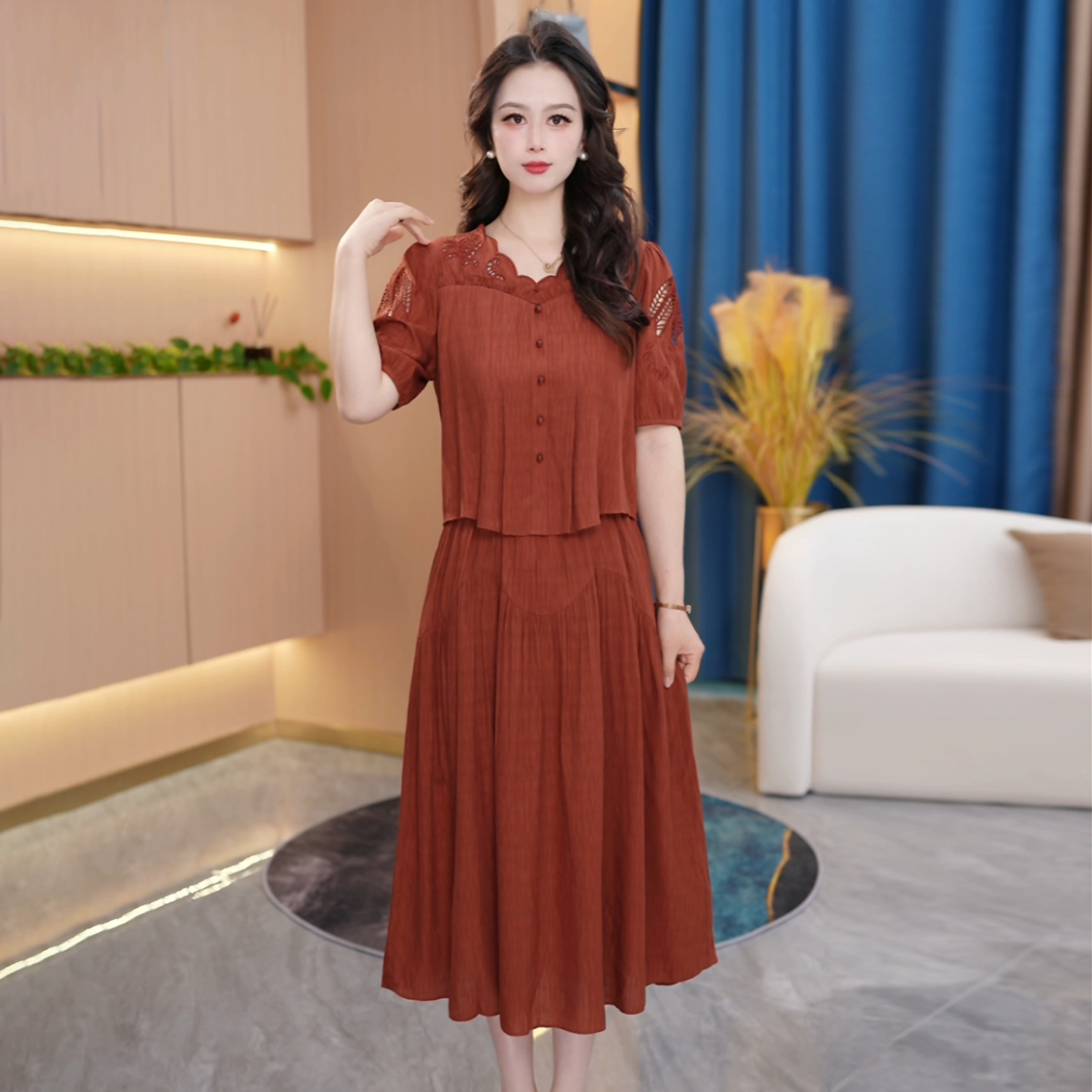 2026春夏季新款气质修身显瘦中长款优雅女装拼接短袖连衣裙