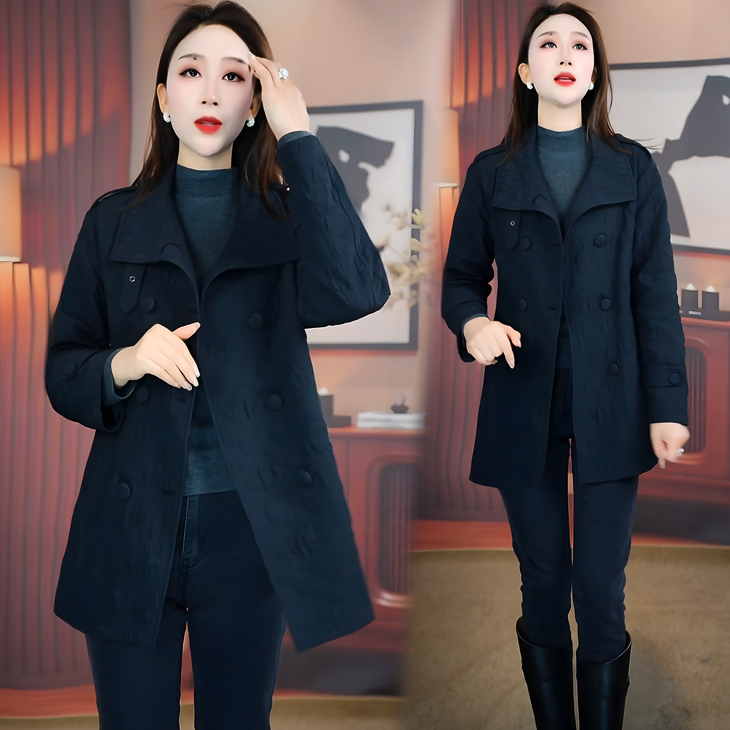 2026春装新款经典翻领双排扣黑色风衣女中长款宽松通勤百搭外套