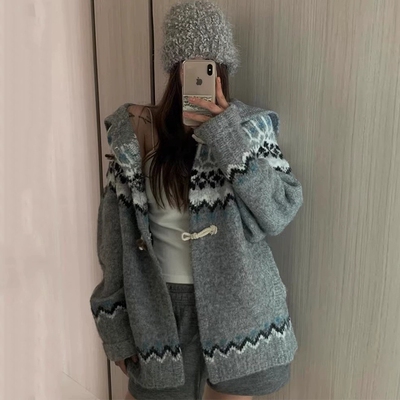 韩国复古大翻领撞色针织毛衣