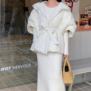 韩国东大门连帽宽松斗篷式羽绒棉服系带收腰蝙蝠袖保暖棉衣外套女