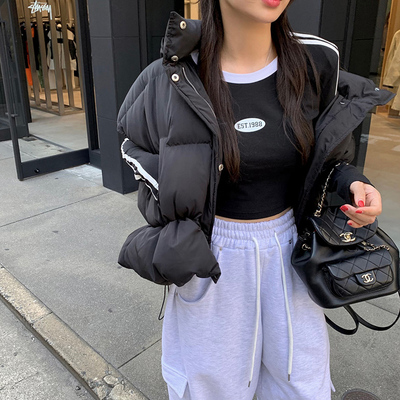 韩国连帽短款抽绳羽绒服面包马甲