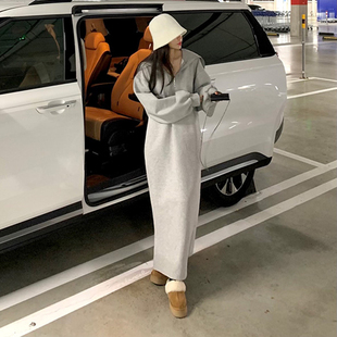 韩国东大门加絨套头卫衣裙女Polo领半拉链宽松长款懒人卫衣连衣裙