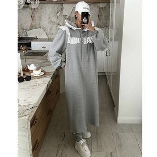 韩国东大门灰色加绒连帽木耳边卫衣连衣裙女长款宽松泡泡袖长裙