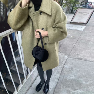 韩国东大门气质翻领系扣双口袋加厚保暖宽松中长款毛呢外套女大衣