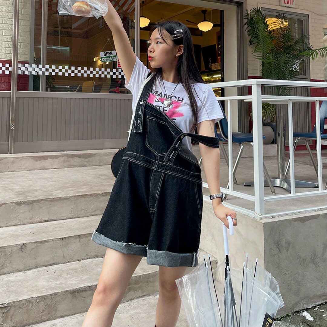 韩国东大门美式复古减龄牛仔背带裤女小个子宽松显瘦阔腿连体短裤