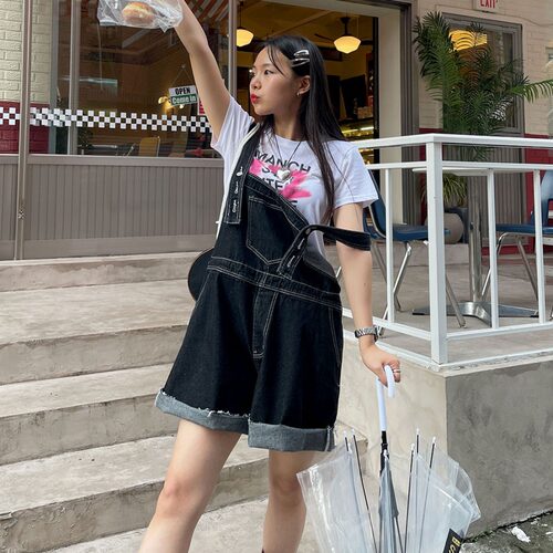 韩国东大门美式复古减龄牛仔背带裤女小个子宽松显瘦阔腿连体短裤
