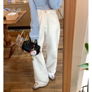 韩国东大门简约白色高腰直筒牛仔裤女宽松显瘦休闲百搭长裤子