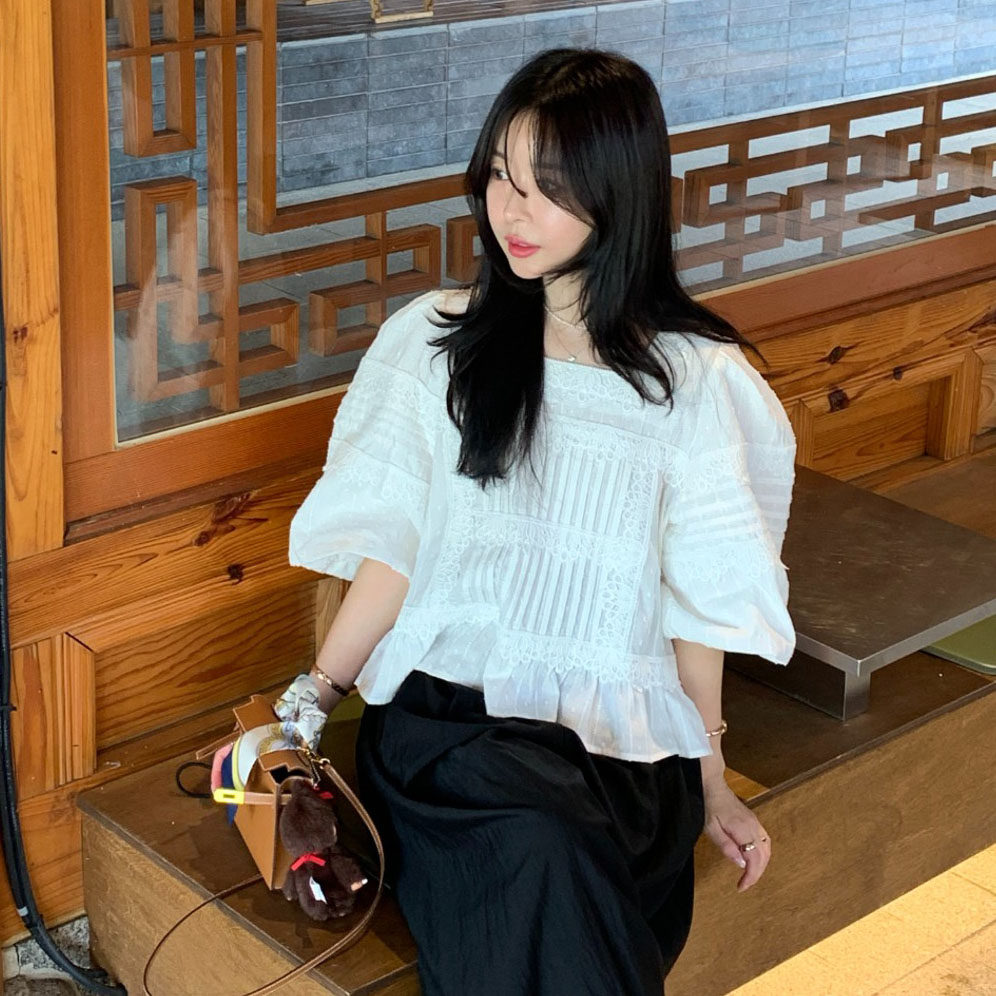 韩国甜美方领蕾丝花边中袖衬衫女