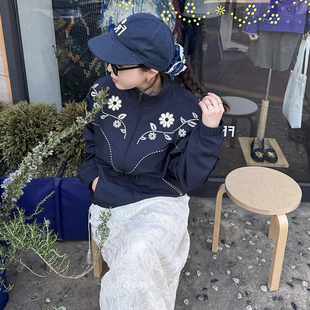 韩国东大门复古立领抽绳拉链刺绣花卉夹克外套女棒球服薄款冲锋衣