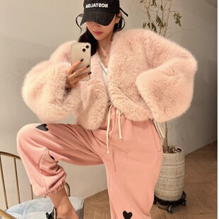 韩国东大门仿皮草外套女2025冬季气质V领甜美宽松毛绒绒短款上衣