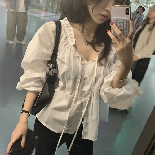 韩国甜美花边领系带长袖衬衫