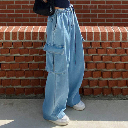 韩国东大门设计感多口袋阔腿工装牛仔裤下摆抽绳宽松直筒束脚裤女