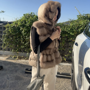 韩国大东门两面穿连帽仿紫貂皮草马甲背心棉服外套女保暖坎肩马夹