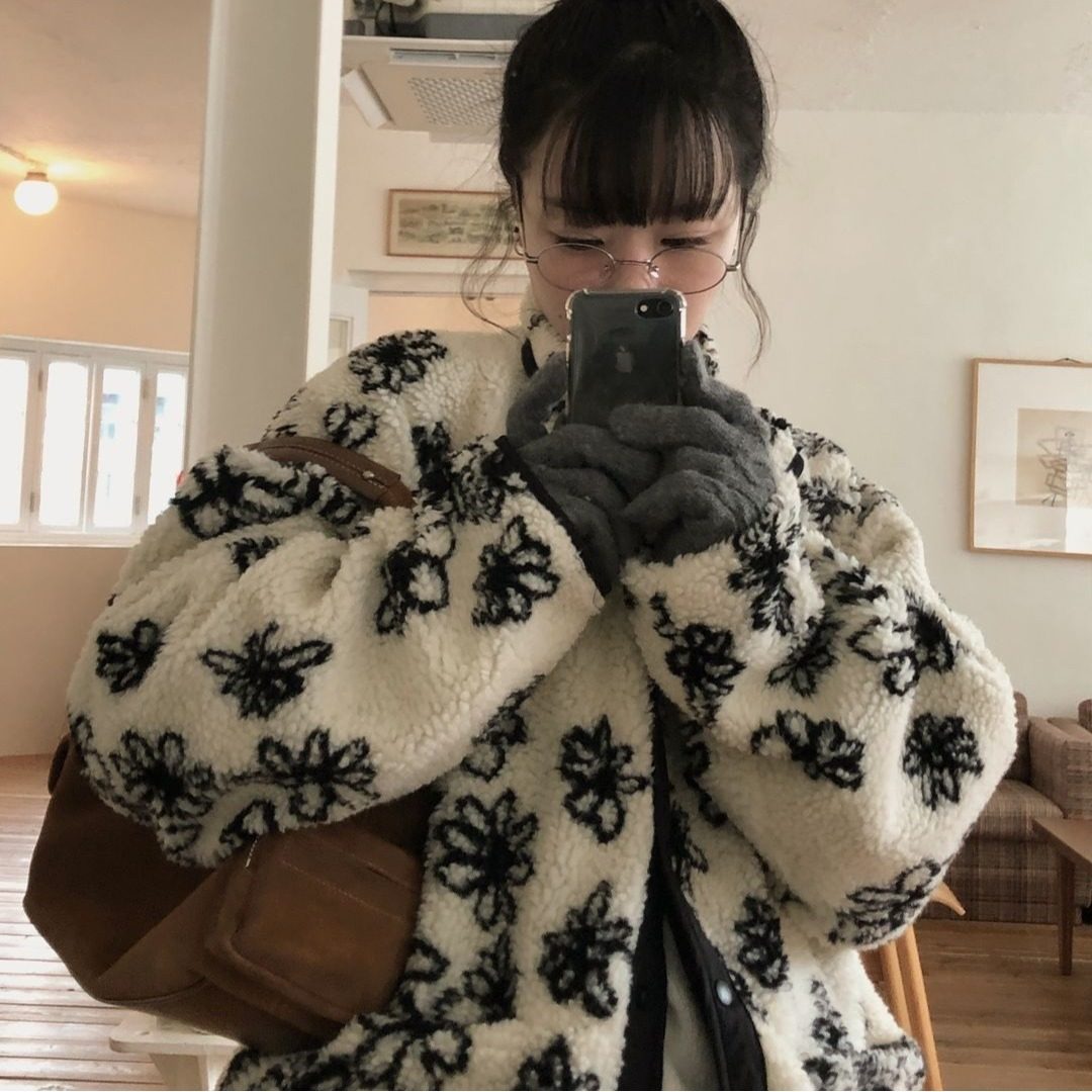 韩国复古提花羊羔绒棉服外套