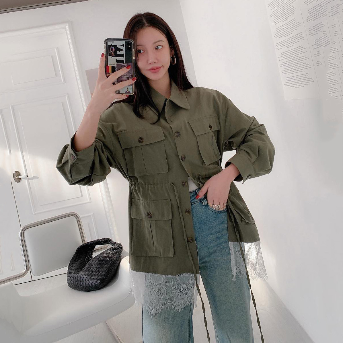 韩国东大门2025春装复古气质翻领多口袋宽松抽绳收腰工装风衣外套