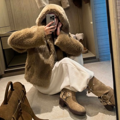 韩国仿狐狸皮草连帽外套大衣