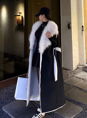 韩国东大门皮毛一体中长款过膝外套女麂皮绒仿狐狸毛皮草马甲大衣