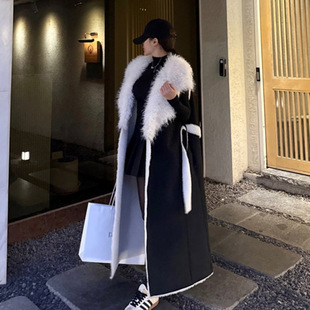 韩国东大门皮毛一体中长款过膝外套女麂皮绒仿狐狸毛皮草马甲大衣