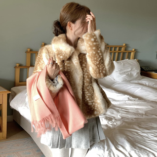 韩国东大门洋气翻领小鹿斑豹纹仿水貂毛外套女毛绒绒保暖皮草大衣