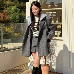 套装 简约百搭休闲短裤 外套女 韩国东大门可拆卸连帽宽松呢子西装