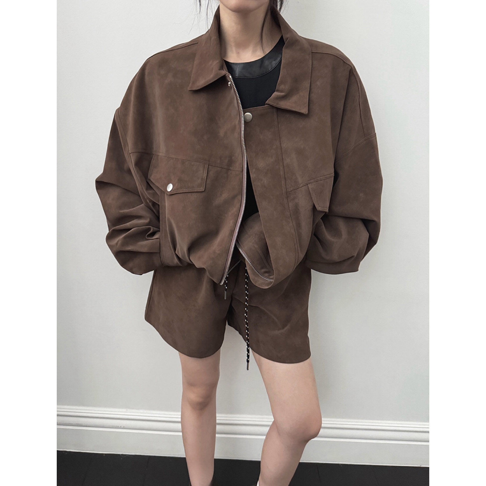 韩国东大门复古翻领鹿皮绒宽松拉链夹克外套+抽绳休闲短裤女套装,女装/女士精品,时尚套装,淘宝优惠券,粉丝福利购,淘宝优惠卷