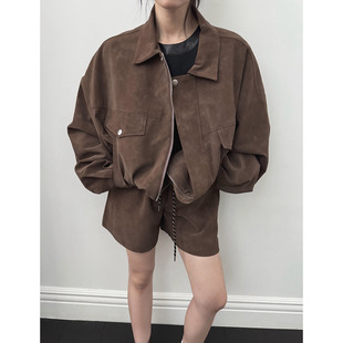 韩国东大门复古翻领鹿皮绒宽松拉链夹克外套+抽绳休闲短裤女套装