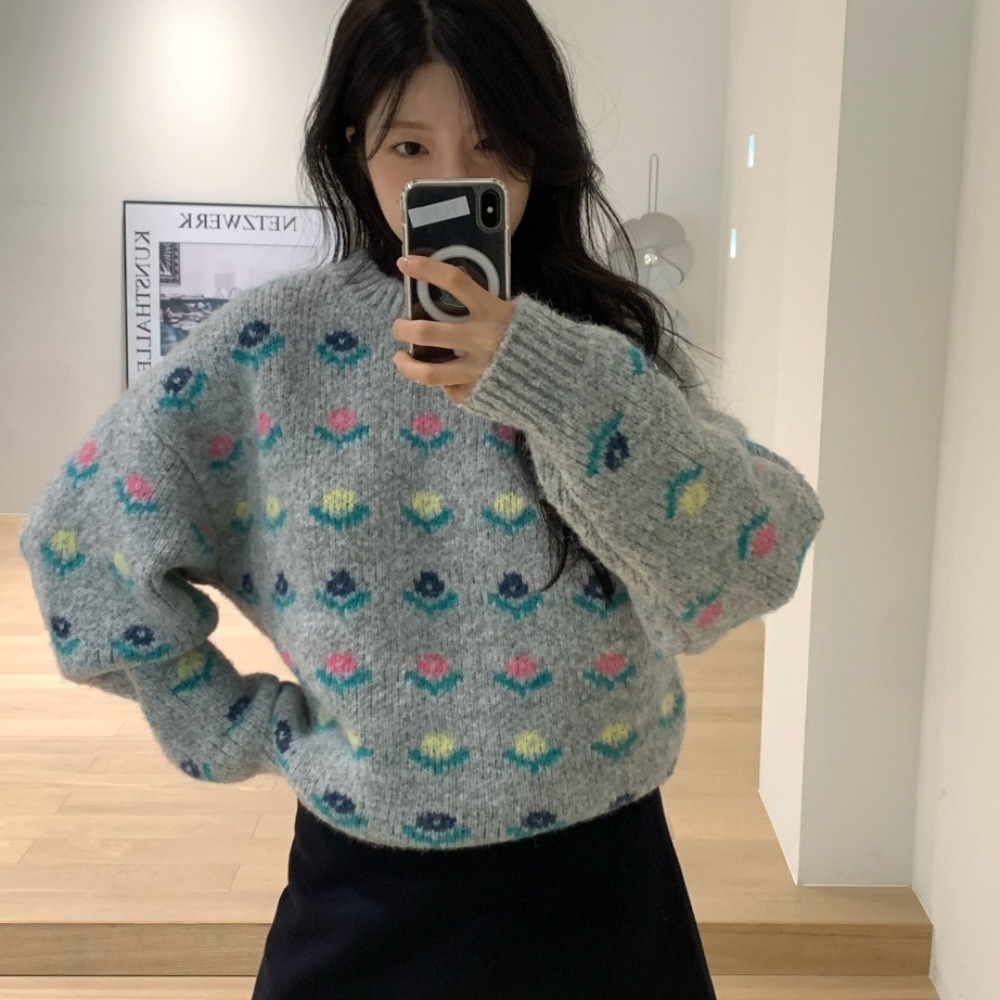 韩国东大门小清新减龄圆领小花朵宽松针织衫外穿加厚保暖毛衣女