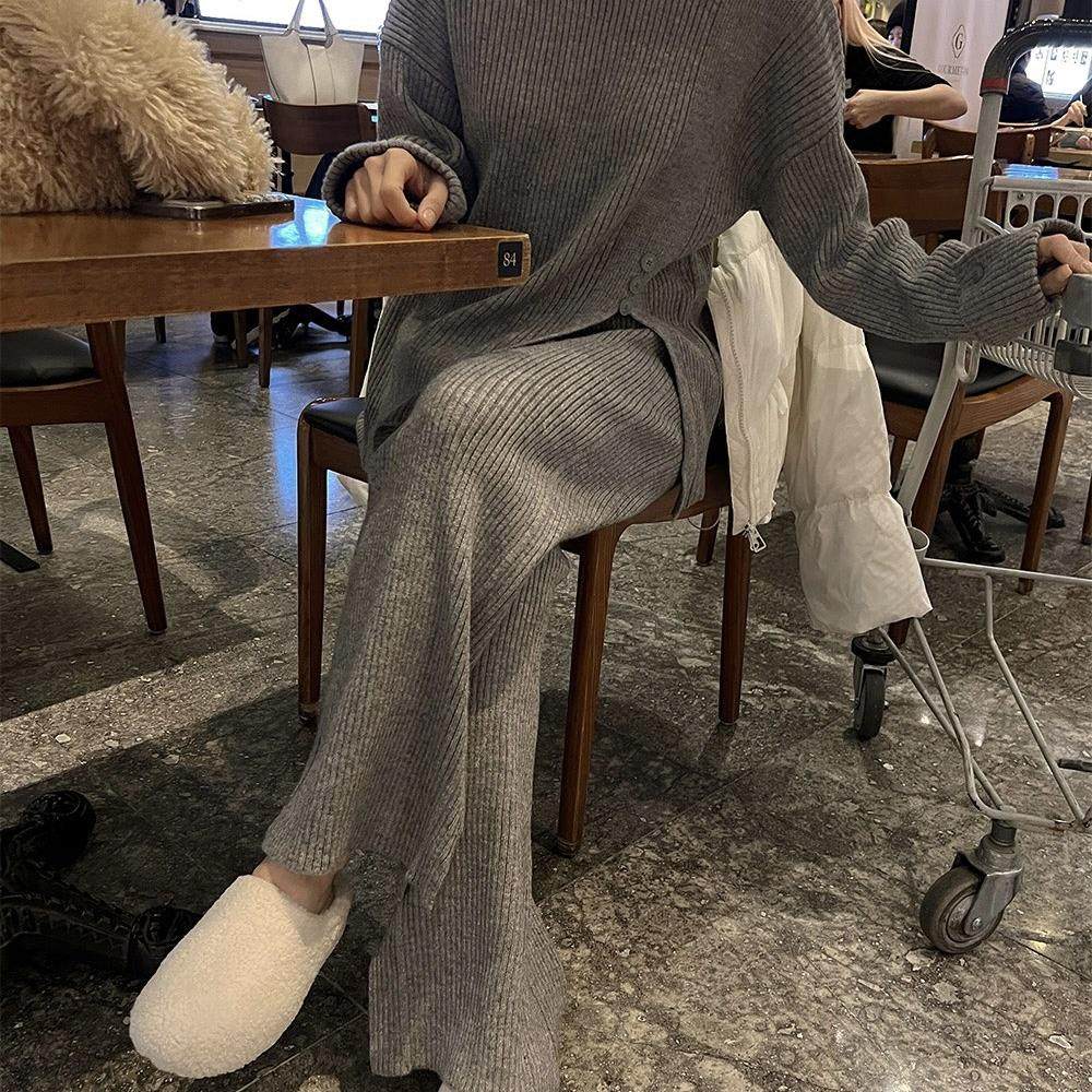 韩国东大门宽松慵懒风软糯开叉毛衣针织衫女+阔腿针织休闲裤套装