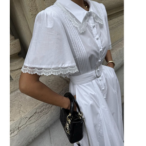 韩国东大门法式高级感拼接蕾丝花边短袖连衣裙女收腰显瘦衬衫长裙