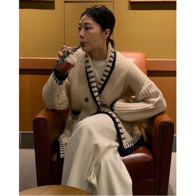 韩国双排扣撞色针织开衫外套