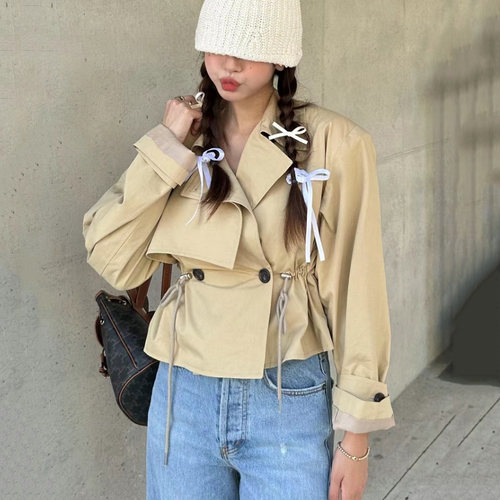 韩国双排扣收腰抽绳短款风衣外套