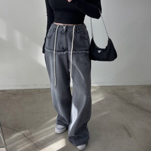 韩国东大门2025春装新款高腰抽绳设计感流苏毛边宽松百搭牛仔裤女