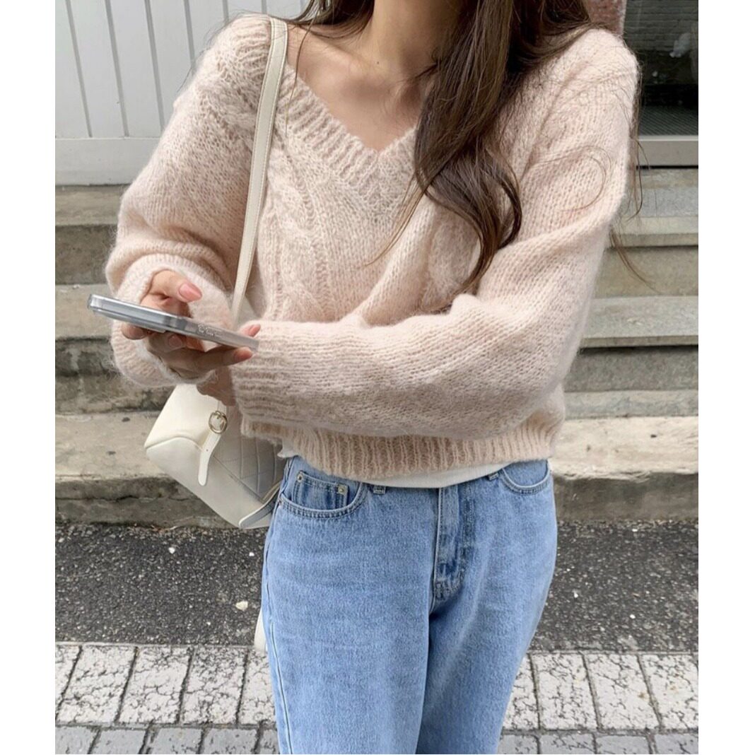 韩国甜美宽松V领麻花针织毛衣女