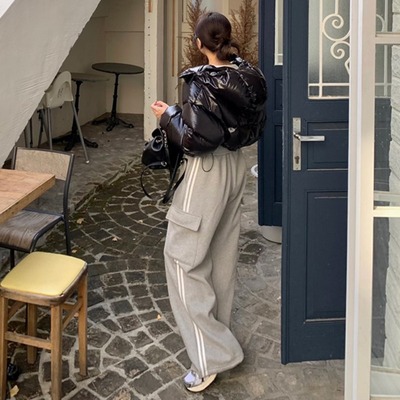 韩国松紧腰条纹工装休闲卫裤