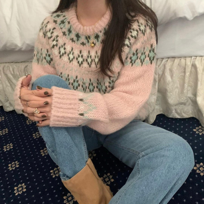 韩国甜美复古提花针织衫毛衣