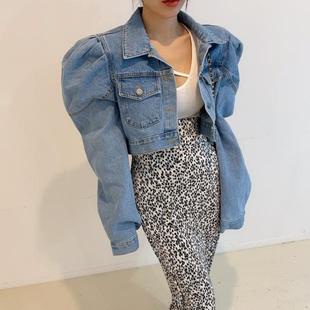 韩国东大门2025新款复古翻领宽松褶皱泡泡袖短款牛仔外套女夹克