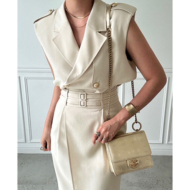 韩国东大门高级感西装领双排扣系腰带马甲女外套+高腰阔腿裤套装