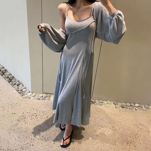 韩国东大门莫代尔弹力性感吊带显身材U领荷叶摆连衣裙+外套开衫女