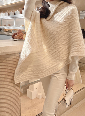 韩国东大门不规则麻花针织披肩外套女高领宽松斗篷毛衣披肩罩衫