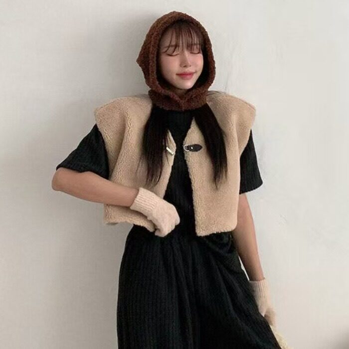 韩国宽松短款羊羔毛马甲女